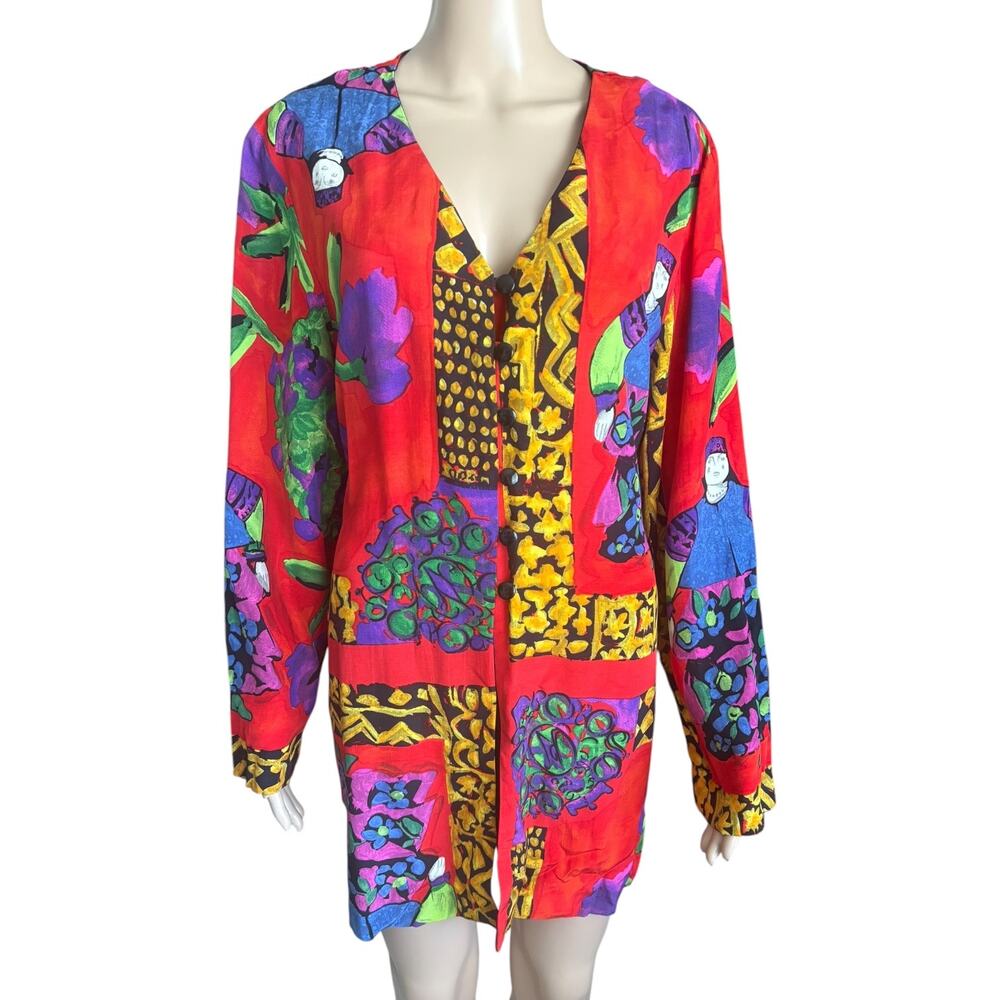 Vintage 90s Abstract Art Print Blouse Jacket Red Button Front Tie Back Boho L/XL